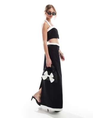 Asos 4th & Reckless Linen Look Halterneck Contrast Edge Crop Top And Maxi Skirt Co-ord In Mono