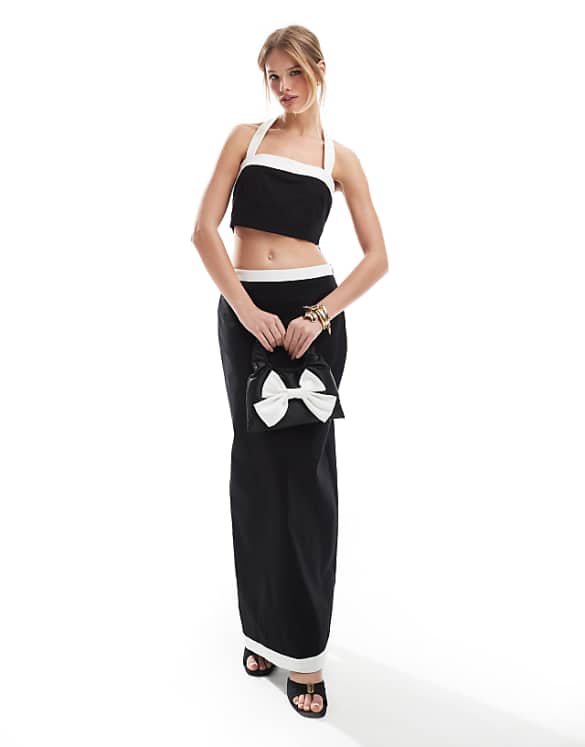 asos 4th & Reckless linen look halterneck contrast edge crop top and maxi skirt co-ord in mono