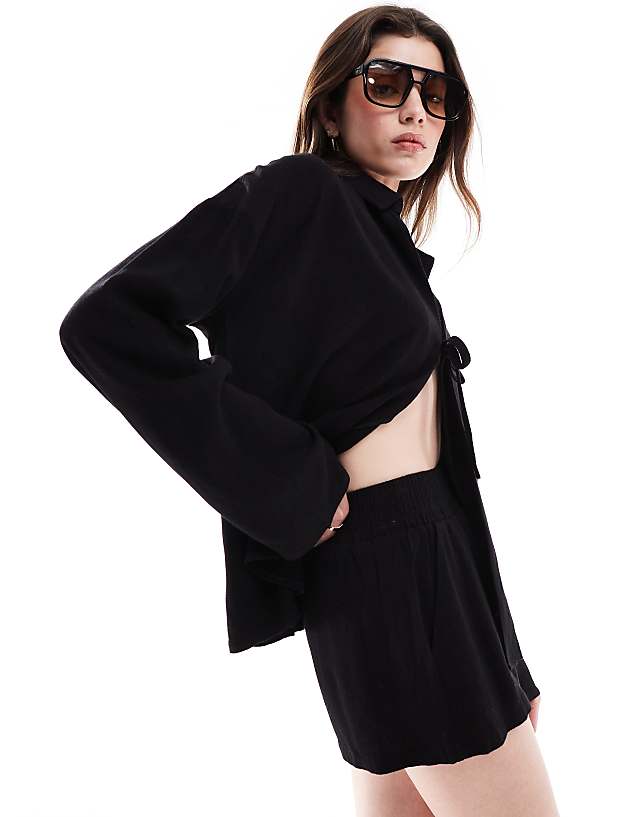 Asos 4th & Reckless Linen Shirred Waist Shorts Co-ord In Black