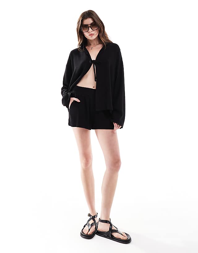 asos 4th & Reckless linen shirred waist shorts co-ord in black