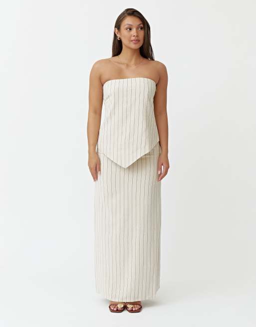 Asos 4th & Reckless Linen Striped Bandeau Top & Maxi Skirt In Beige
