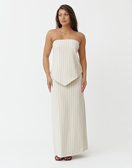 asos 4th & Reckless linen striped bandeau top & maxi skirt in beige