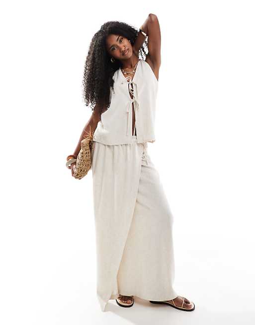 asos 4th & Reckless linen tie front cami beach top and maxi skirt co-ord in beige