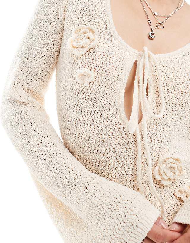 Asos 4th & Reckless Open Back Rose Applique Tie Front Crochet Mini Beach Dress In Ecru