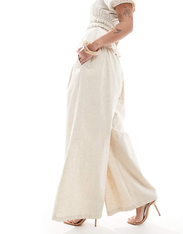 Asos 4th & Reckless Petite Exclusive Linen Blend Tailored Ruched Waistband Wide Leg Trousers In Beige