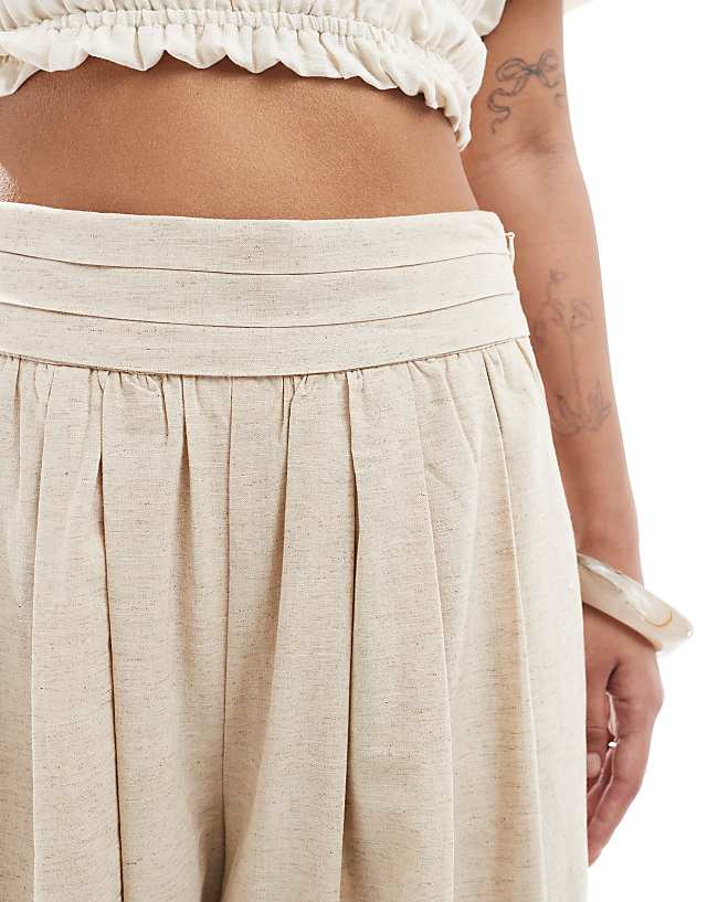 Asos 4th & Reckless Petite Exclusive Linen Blend Tailored Ruched Waistband Wide Leg Trousers In Beige