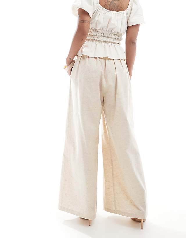 Asos 4th & Reckless Petite Exclusive Linen Blend Tailored Ruched Waistband Wide Leg Trousers In Beige