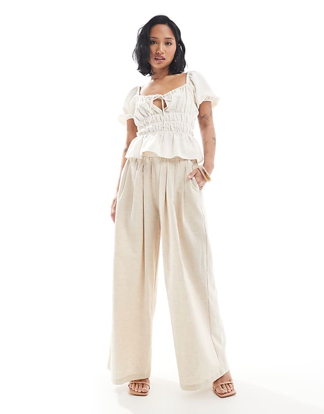 asos 4th & Reckless Petite exclusive linen blend tailored ruched waistband wide leg trousers in beige