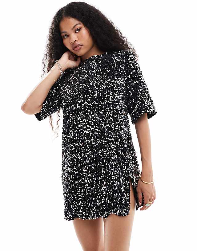Asos 4th & Reckless Petite Velvet Sequin Mini T-shirt Dress With Open Back In Black