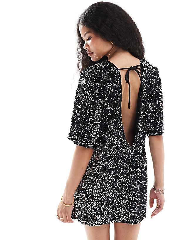 Asos 4th & Reckless Petite Velvet Sequin Mini T-shirt Dress With Open Back In Black