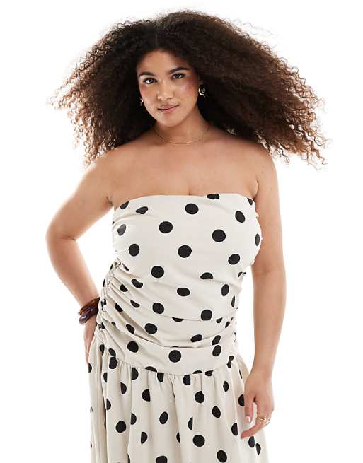 Asos 4th & Reckless Plus Ruched Bandeau Dropped Waist Linen Blend Maxi Dress In Cream Polka Dot