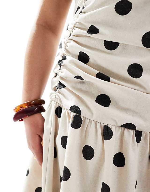 Asos 4th & Reckless Plus Ruched Bandeau Dropped Waist Linen Blend Maxi Dress In Cream Polka Dot