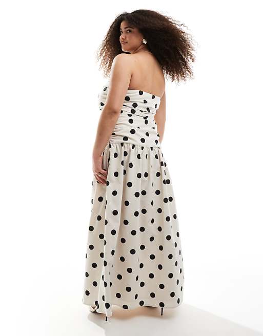Asos 4th & Reckless Plus Ruched Bandeau Dropped Waist Linen Blend Maxi Dress In Cream Polka Dot