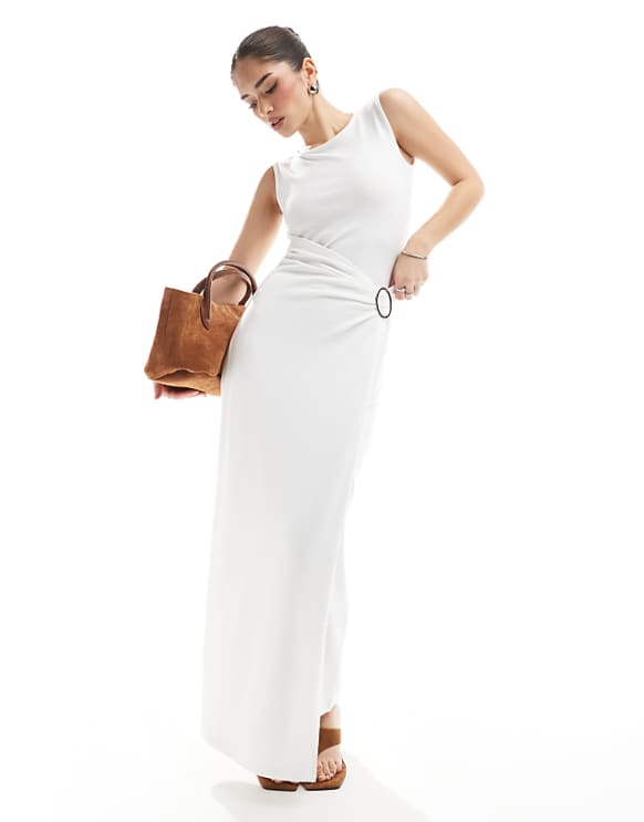asos 4th & Reckless sleeveless drape wrap ring detail maxi dress in white