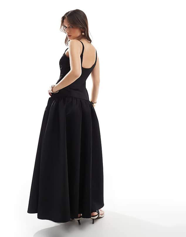 Asos 4th & Reckless Structured Satin Scoop Neck Dropped Waist Maxi Dress In Black