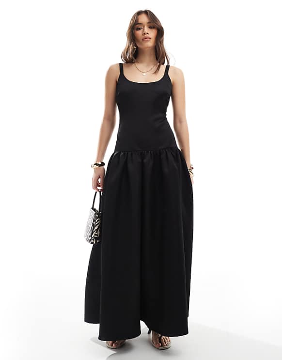 asos 4th & Reckless structured satin scoop neck dropped waist maxi dress in black