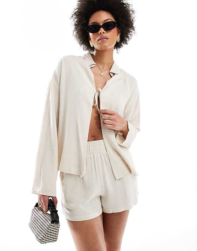 Asos 4th & Reckless Tall Linen Shirred Waist Shorts In Beige