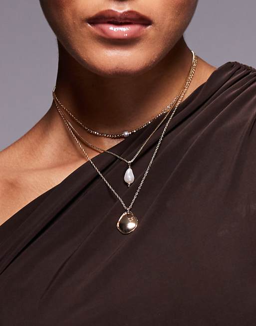 asos 8 Other Reasons 18ct gold plated multirow circle drop and pearl pendant necklace