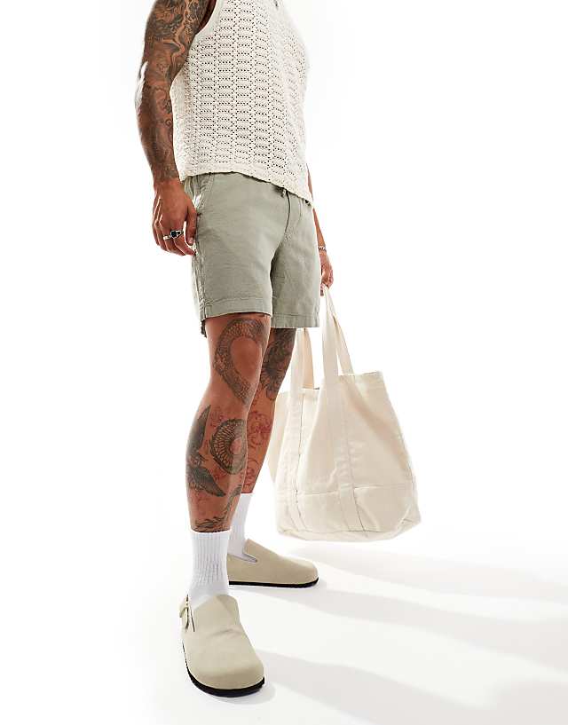 Asos Abercrombie & Fitch 6inch Pull On Drawstring Linen Garment Dyed Shorts In Mid Green