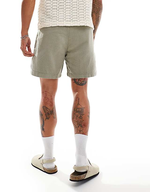 Asos Abercrombie & Fitch 6inch Pull On Drawstring Linen Garment Dyed Shorts In Mid Green