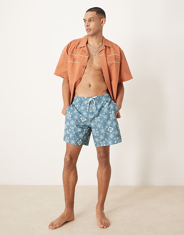 Asos Abercrombie & Fitch 7 Inch Drawstring Swimming Trunks In Blue Bandana Print