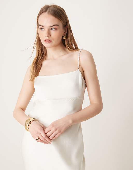 Asos Abercrombie & Fitch Bridal Pearl Strap Slip Maxi Dress In White