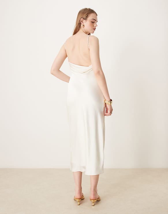 Asos Abercrombie & Fitch Bridal Pearl Strap Slip Maxi Dress In White