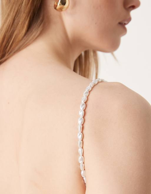 Asos Abercrombie & Fitch Bridal Pearl Strap Slip Maxi Dress In White