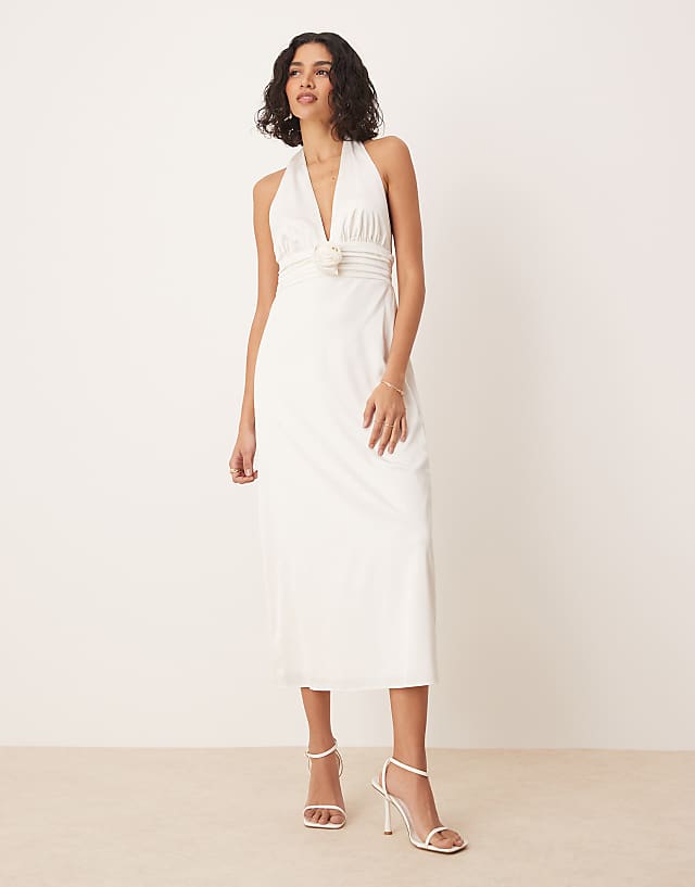 Asos Abercrombie & Fitch Bridal Plunge Rosette Column Halter Maxi Dress In White