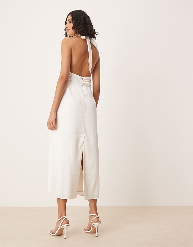 Asos Abercrombie & Fitch Bridal Plunge Rosette Column Halter Maxi Dress In White