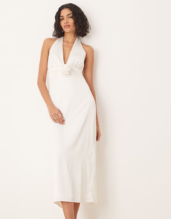 asos Abercrombie & Fitch bridal plunge rosette column halter maxi dress in white