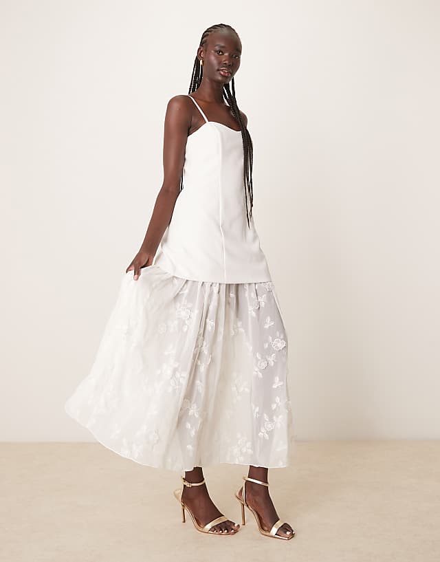 Asos Abercrombie & Fitch Bridal Sheer Skirt Applique Lace Maxi Dress In Off White