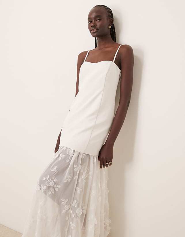 asos Abercrombie & Fitch bridal sheer skirt applique lace maxi dress in off white