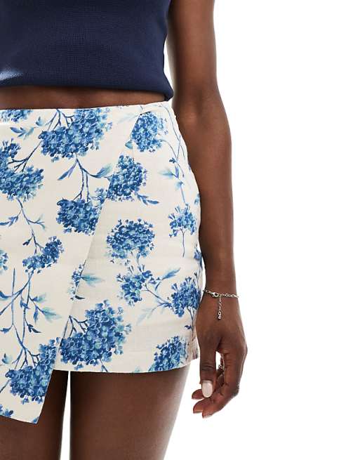 Asos Abercrombie & Fitch Linen Blend Mini Wrap Skort In Blue Floral Print