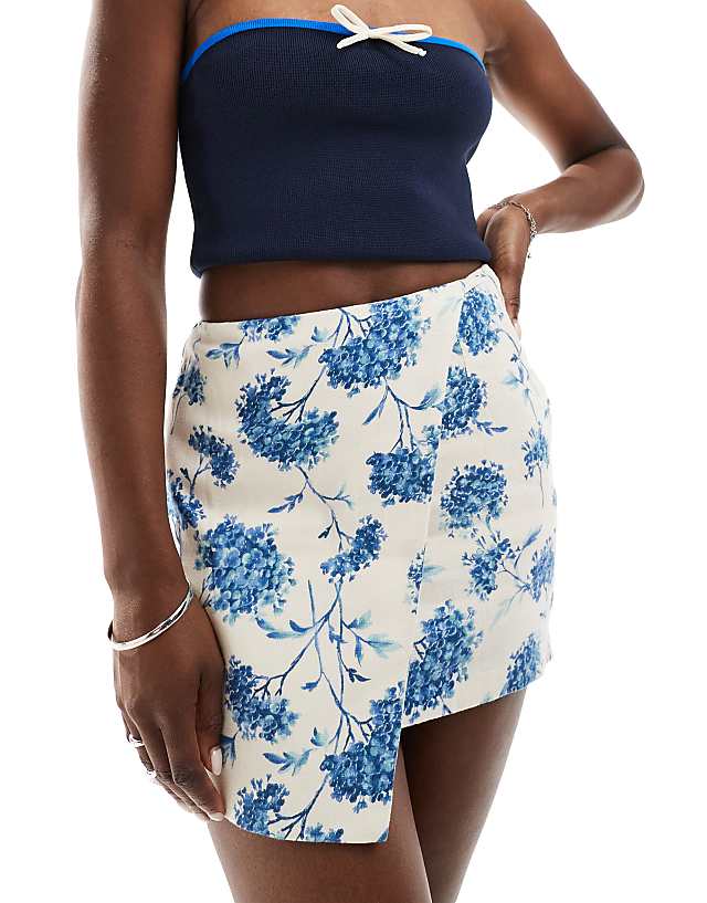 asos Abercrombie & Fitch linen blend mini wrap skort in blue floral print