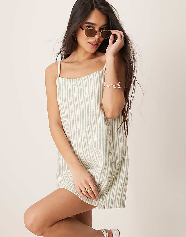Asos Abercrombie & Fitch Linen Button Detail Skort Dress In Green Stripe