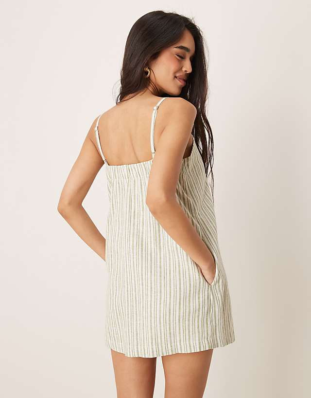 Asos Abercrombie & Fitch Linen Button Detail Skort Dress In Green Stripe