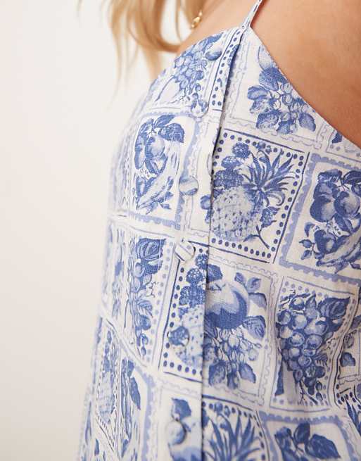 Asos Abercrombie & Fitch Linen Button Detail Skort Dress In Blue Stamp Print