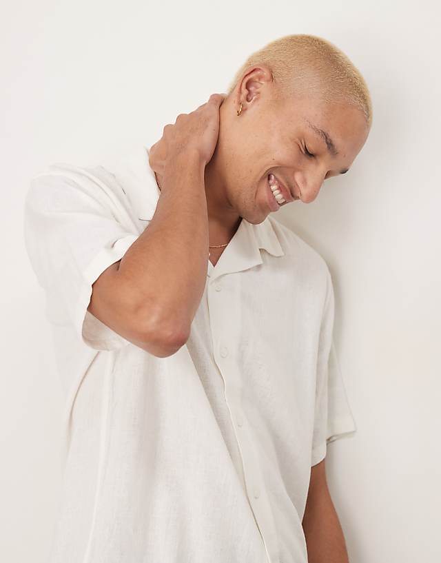 Asos Abercrombie & Fitch Linen Collar Detail Short Sleeve Shirt In White