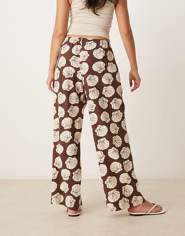 Asos Abercrombie & Fitch Linen Wide Leg Pull On Trousers In Brown Shell Print