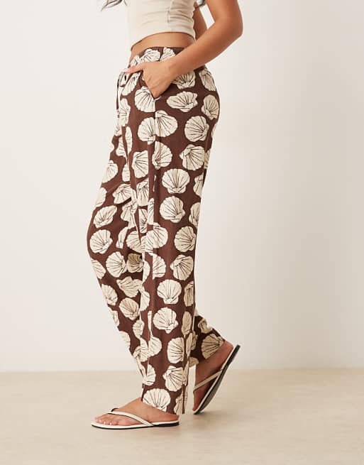 Asos Abercrombie & Fitch Linen Wide Leg Pull On Trousers In Brown Shell Print