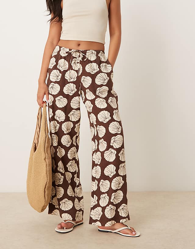 asos Abercrombie & Fitch linen wide leg pull on trousers in brown shell print