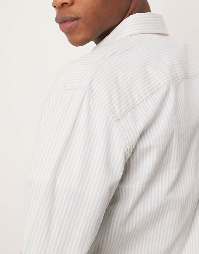 Asos Abercrombie & Fitch Long Sleeve Cropped Linen Shirt In Blue Stripe