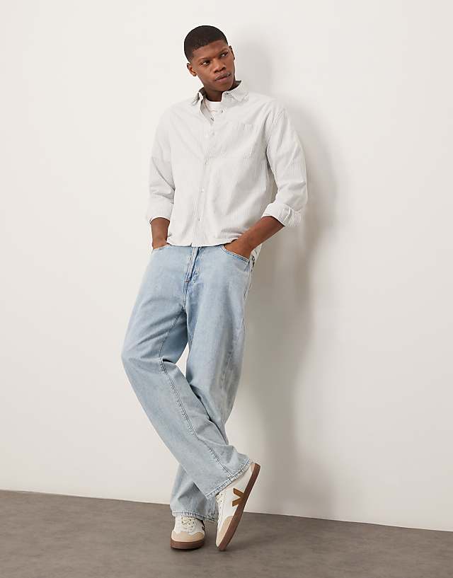 Asos Abercrombie & Fitch Long Sleeve Cropped Linen Shirt In Blue Stripe