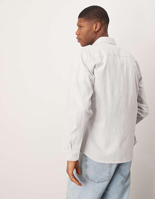 Asos Abercrombie & Fitch Long Sleeve Cropped Linen Shirt In Blue Stripe