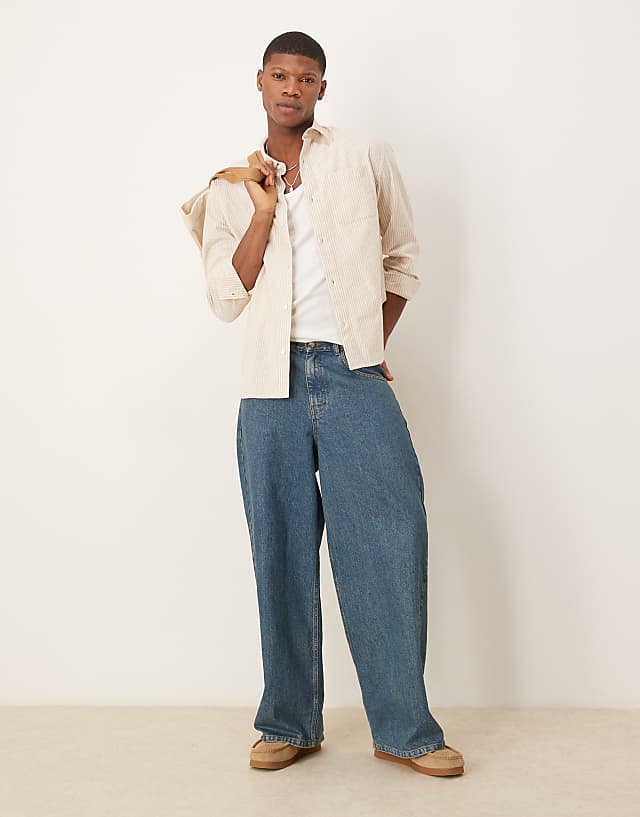 Asos Abercrombie & Fitch Long Sleeve Cropped Linen Shirt In Beige Stripe