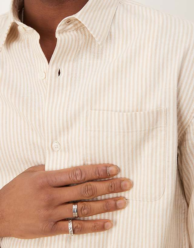 Asos Abercrombie & Fitch Long Sleeve Cropped Linen Shirt In Beige Stripe