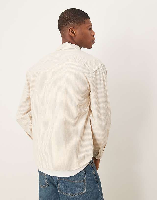 Asos Abercrombie & Fitch Long Sleeve Cropped Linen Shirt In Beige Stripe