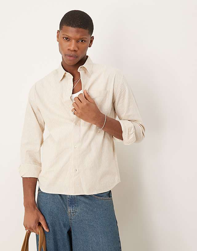 asos Abercrombie & Fitch long sleeve cropped linen shirt in beige stripe