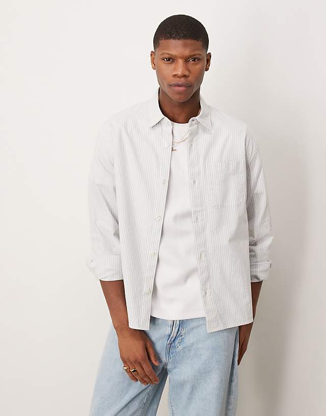 asos Abercrombie & Fitch long sleeve cropped linen shirt in blue stripe